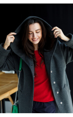 Темно-серое пальто с капюшоном 77-1107