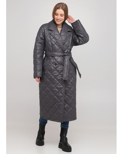 Утепленное серое стеганое пальто с поясом