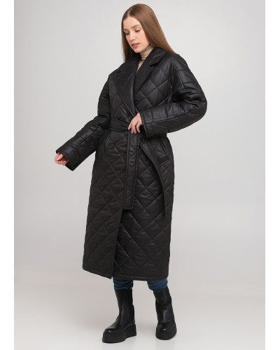 Базовое стеганое черное пальто с поясом