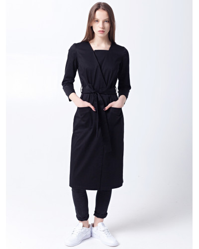 Черное платье-халат с поясом и одним лацканом