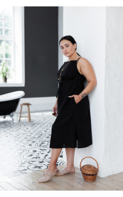 Чорна сукня з льону на бретелях 77-332-723