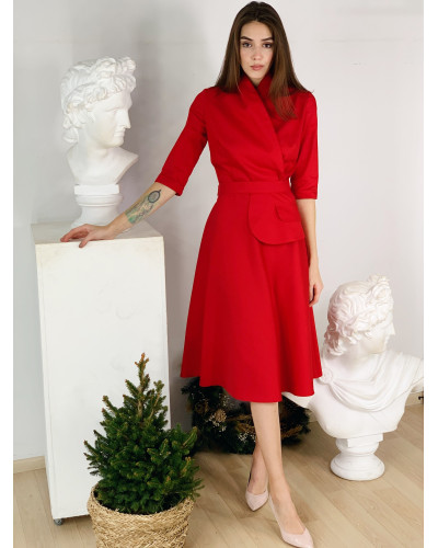Красное платье с поясом-баской 77-394-767