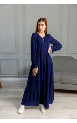Довге синє плаття з воланом 77-407-784